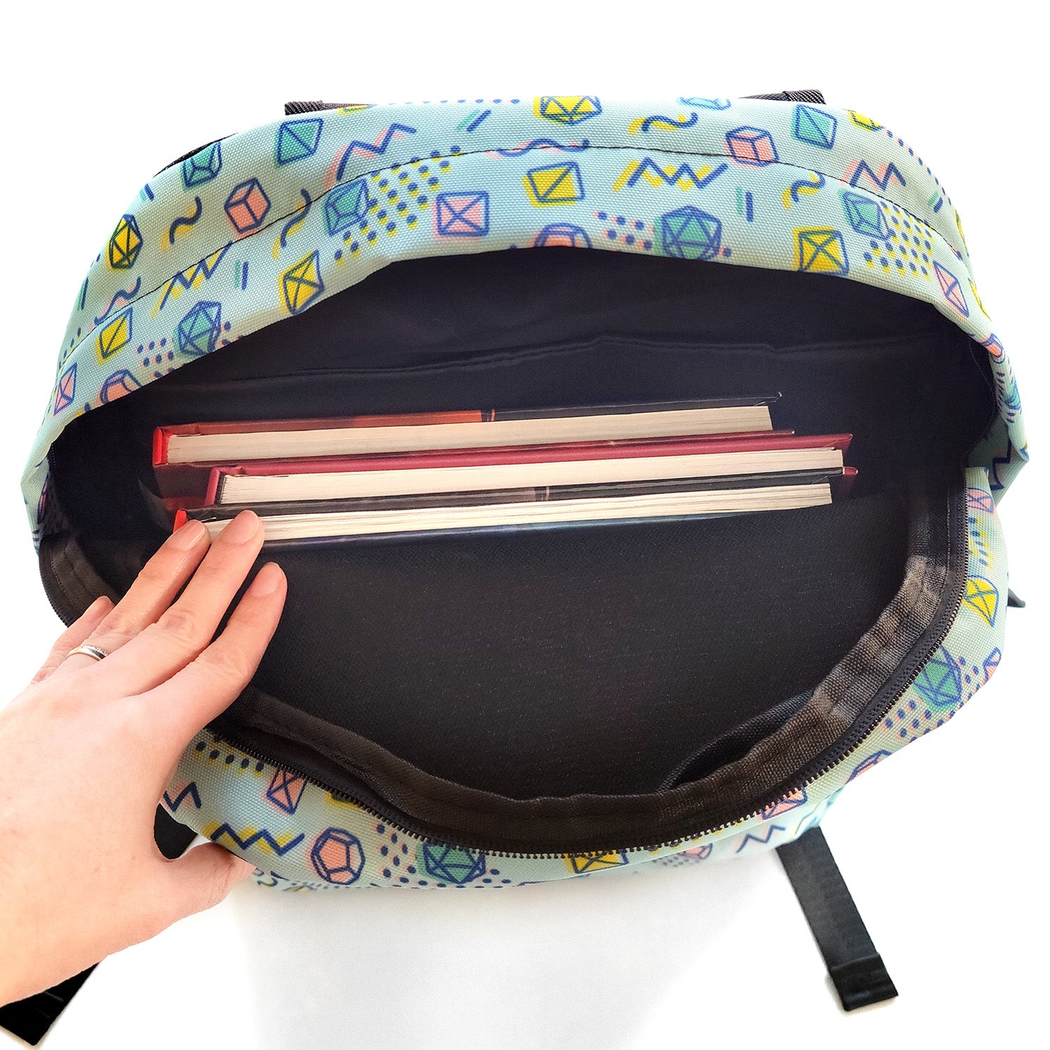 90s Dice Backpack - Geeky merchandise for people who play D&D - Merch to wear and cute accessories and stationery Paola's Pixels