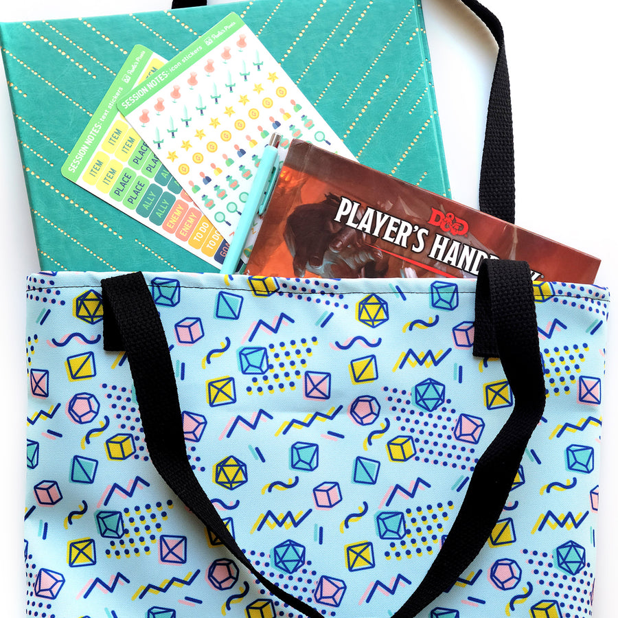 90s Dice Tote bag - Geeky merchandise for people who play D&D - Merch to wear and cute accessories and stationery Paola's Pixels