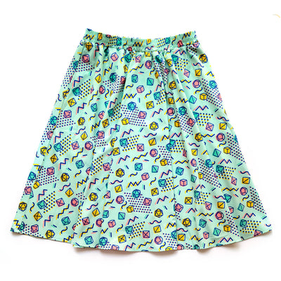90s Dice Midi Skirt - Geeky merchandise for people who play D&D - Merch to wear and cute accessories and stationery Paola's Pixels