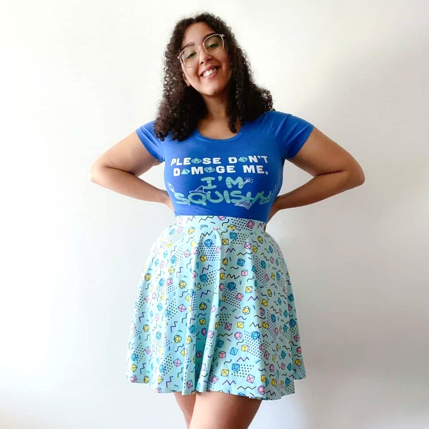 90s Dice Skater Skirt - Geeky merchandise for people who play D&D - Merch to wear and cute accessories and stationery Paola's Pixels