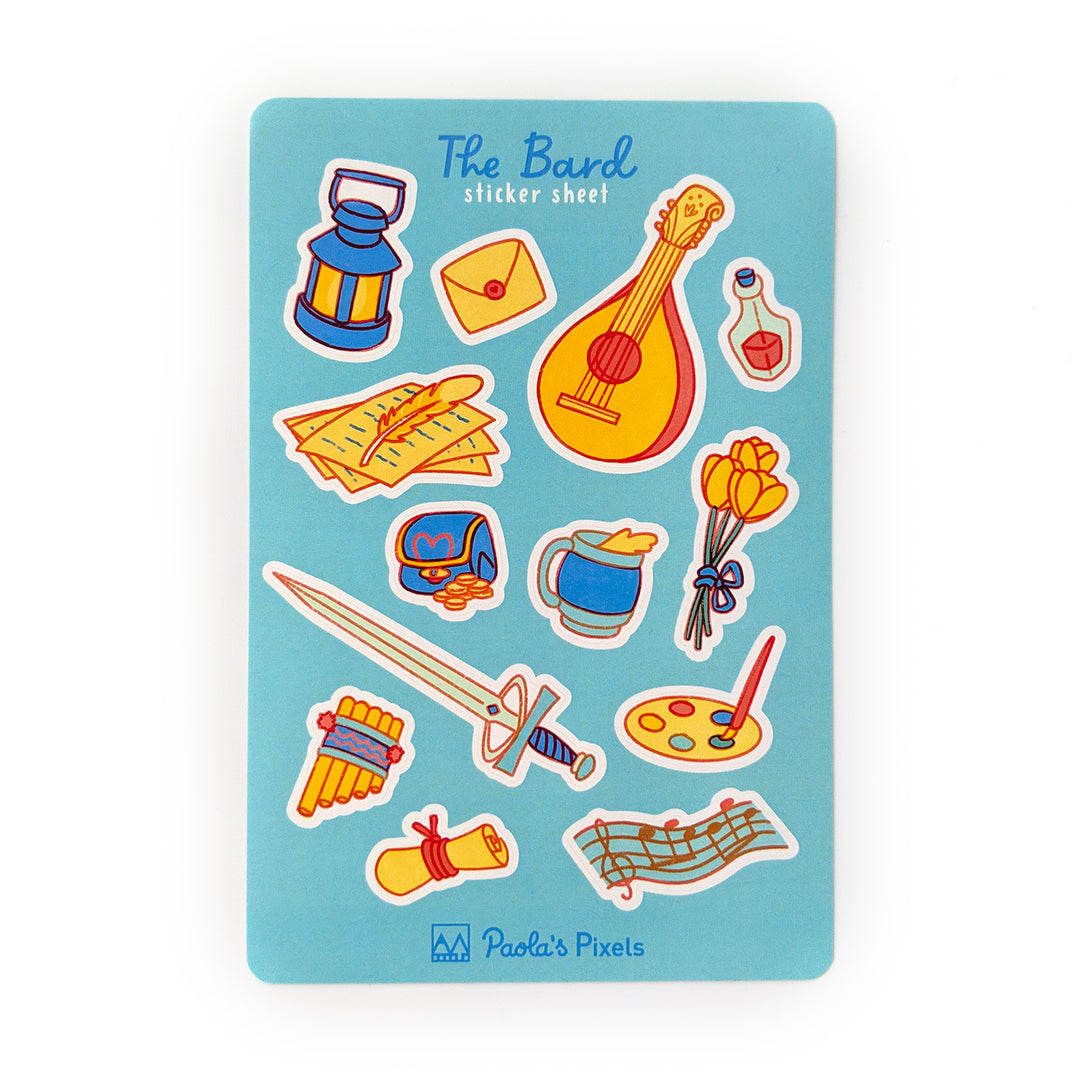 The Bard Sticker Sheet - Geeky merchandise for people who play D&D - Merch to wear and cute accessories and stationery Paola's Pixels