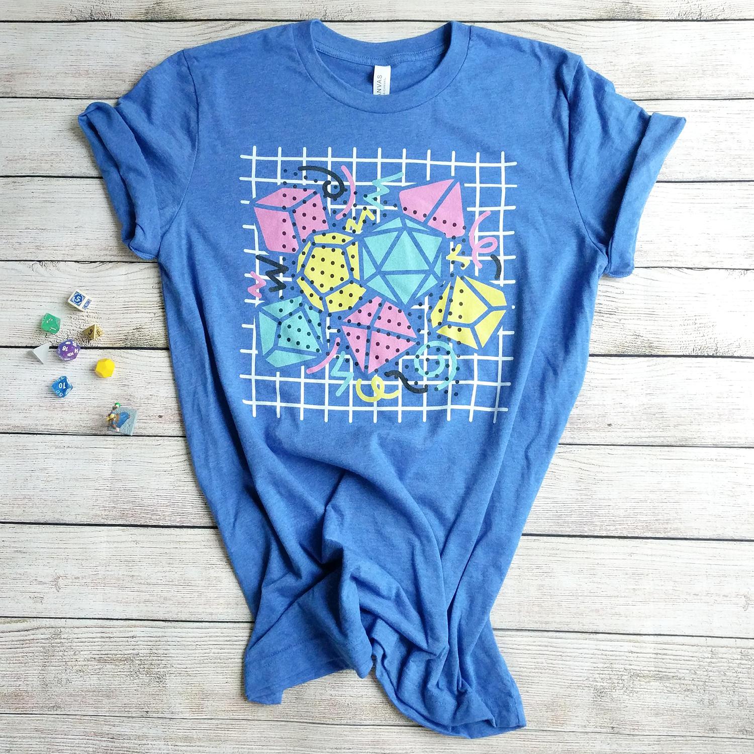 90s Dice Shirt Dark Version - Geeky merchandise for people who play D&D - Merch to wear and cute accessories and stationery Paola's Pixels