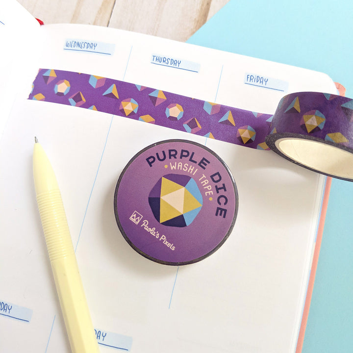 Purple Dice Washi Tape - Geeky merchandise for people who play D&D - Merch to wear and cute accessories and stationery Paola's Pixels