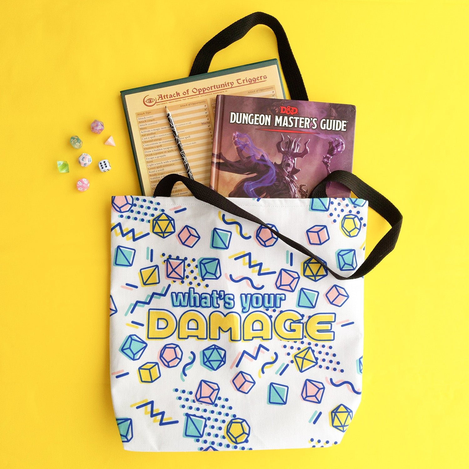 What's Your Damage Tote Bag - Geeky merchandise for people who play D&D - Merch to wear and cute accessories and stationery Paola's Pixels