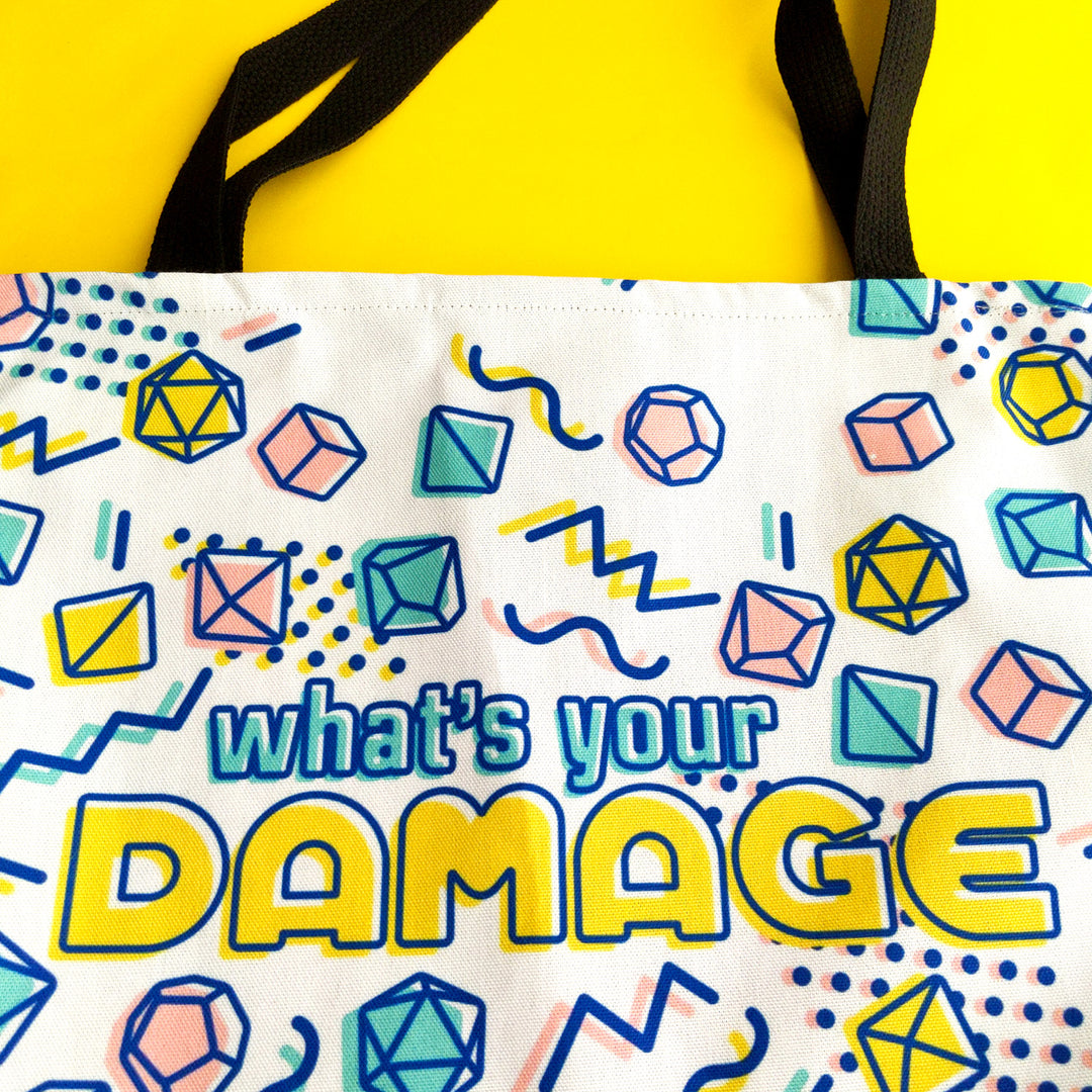 What's Your Damage Tote Bag - Geeky merchandise for people who play D&D - Merch to wear and cute accessories and stationery Paola's Pixels