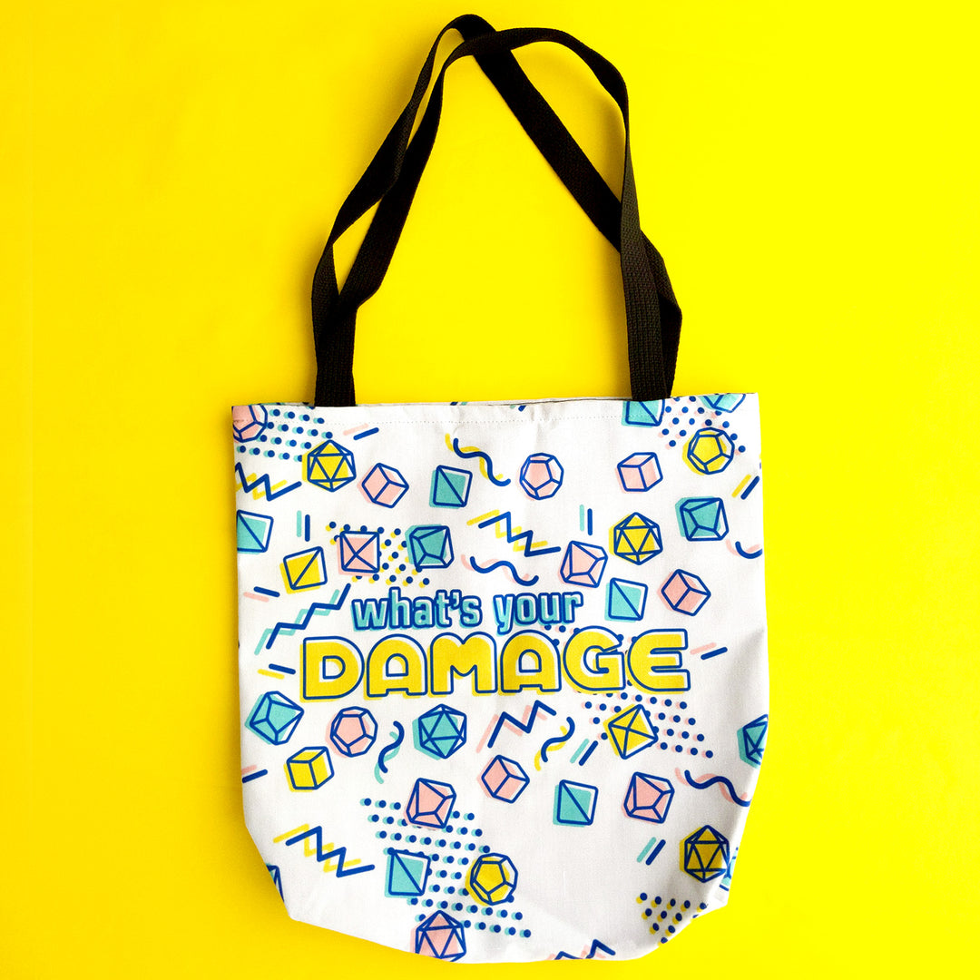 What's Your Damage Tote Bag - Geeky merchandise for people who play D&D - Merch to wear and cute accessories and stationery Paola's Pixels