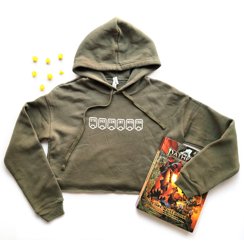 Ability Scores Crop Hoodie - Geeky merchandise for people who play D&D - Merch to wear and cute accessories and stationery Paola&