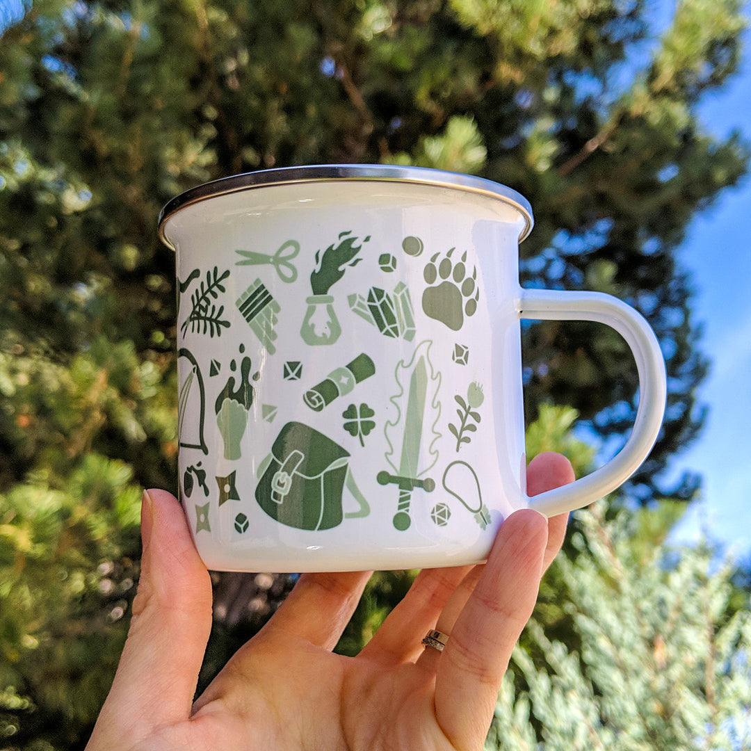 Adventure is Calling Enamel Mug - Geeky merchandise for people who play D&D - Merch to wear and cute accessories and stationery Paola's Pixels