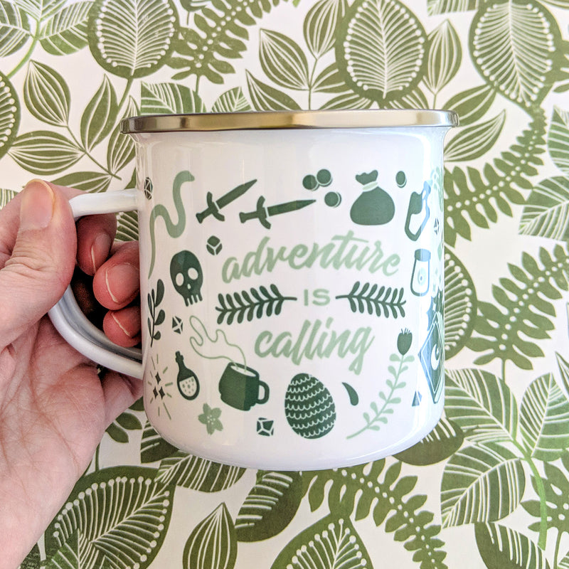 Adventure is Calling Enamel Mug - Geeky merchandise for people who play D&D - Merch to wear and cute accessories and stationery Paola&