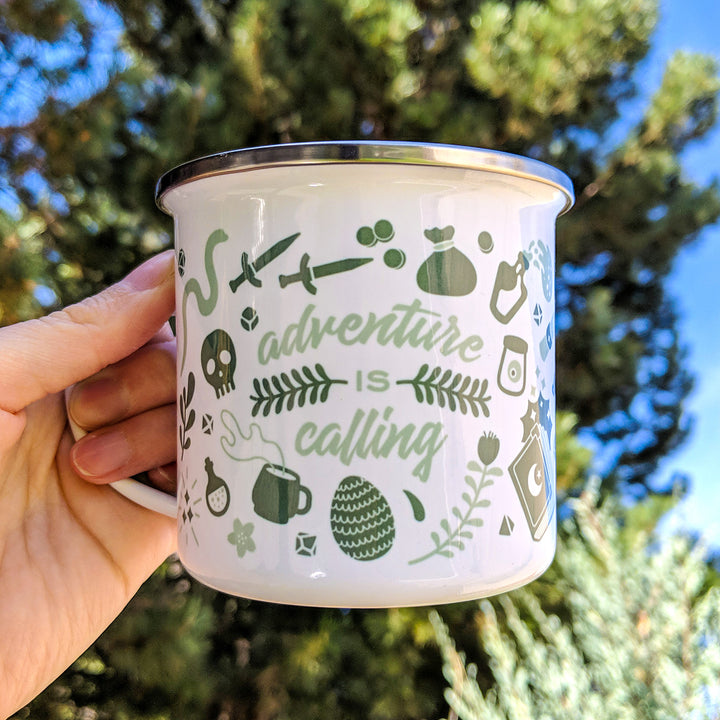 Adventure is Calling Enamel Mug - Geeky merchandise for people who play D&D - Merch to wear and cute accessories and stationery Paola's Pixels