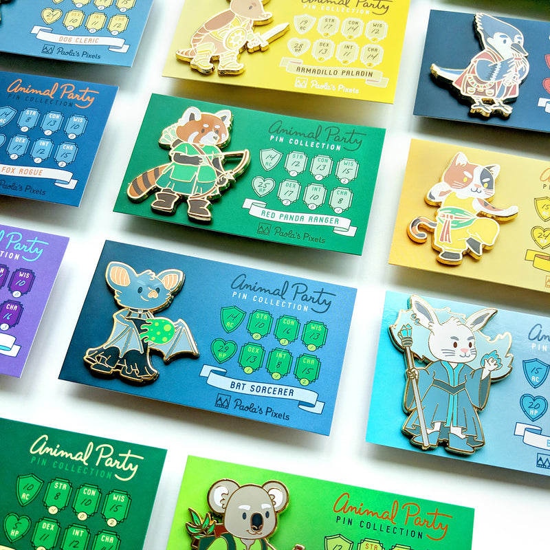 The whole Animal Party Pin collection - Geeky merchandise for people who play D&D - Merch to wear and cute accessories and stationery Paola&