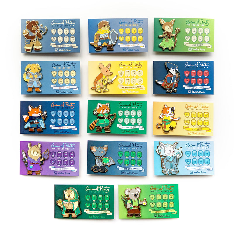 The whole Animal Party Pin collection - Geeky merchandise for people who play D&D - Merch to wear and cute accessories and stationery Paola&