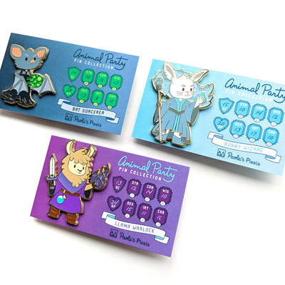 The whole Animal Party Pin collection - Geeky merchandise for people who play D&D - Merch to wear and cute accessories and stationery Paola's Pixels