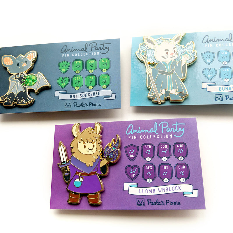 The whole Animal Party Pin collection - Geeky merchandise for people who play D&D - Merch to wear and cute accessories and stationery Paola&