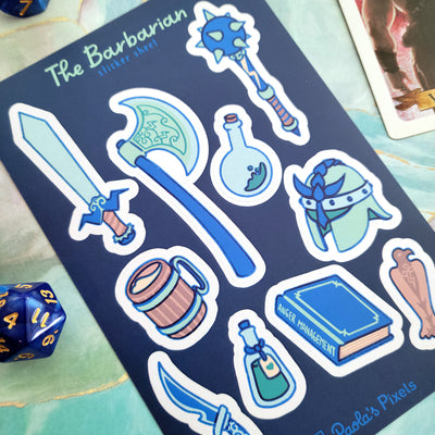 The Barbarian Sticker Sheet - Geeky merchandise for people who play D&D - Merch to wear and cute accessories and stationery Paola's Pixels