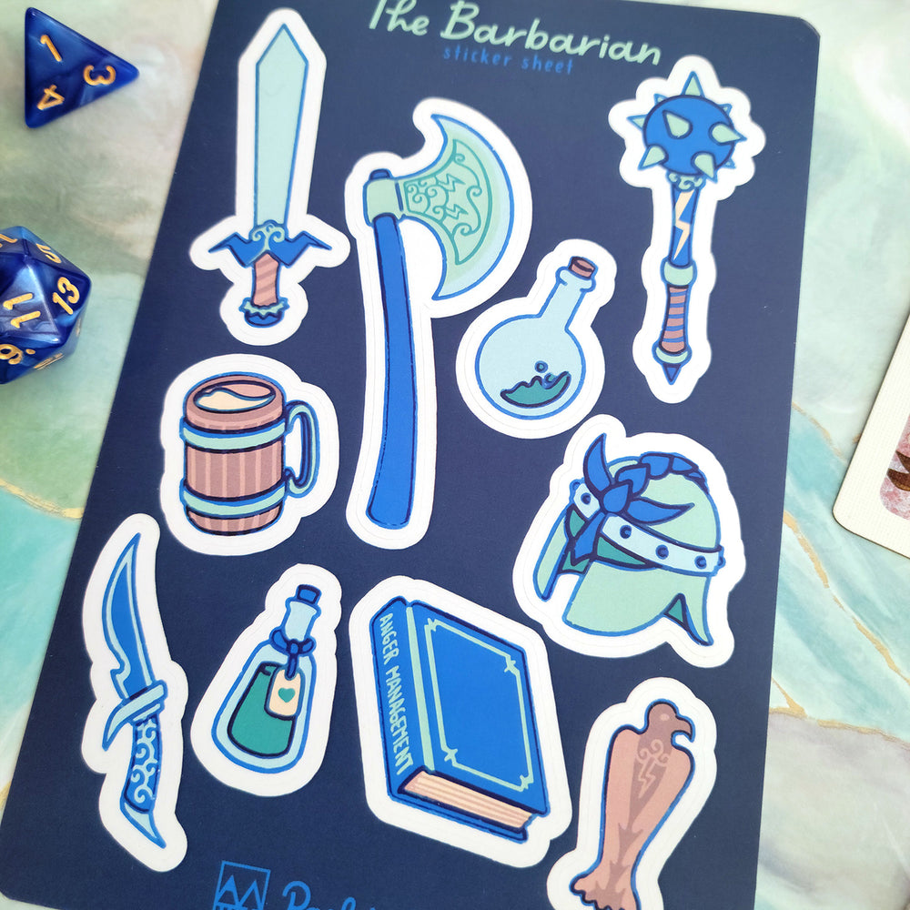 The Barbarian Sticker Sheet - Geeky merchandise for people who play D&D - Merch to wear and cute accessories and stationery Paola's Pixels