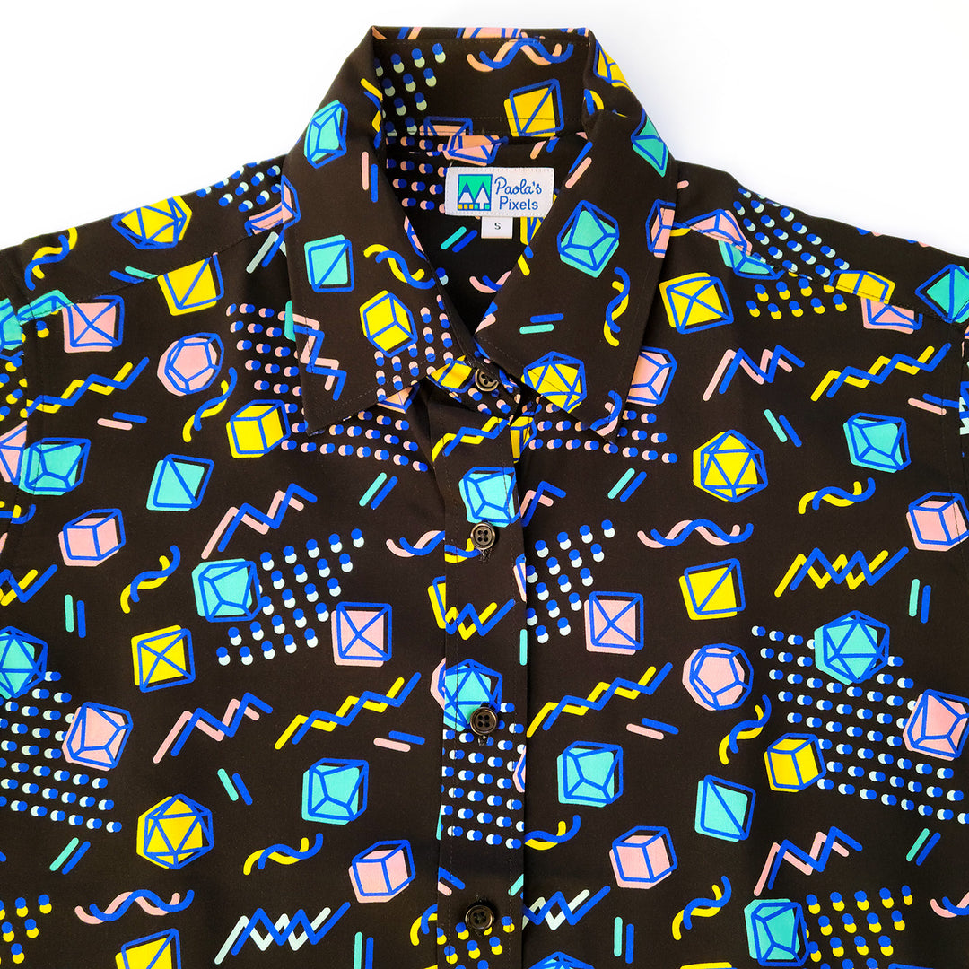 Black 90s Dice Women's Button Up - Geeky merchandise for people who play D&D - Merch to wear and cute accessories and stationery Paola's Pixels