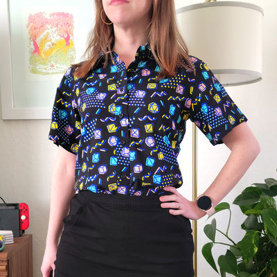Black 90s Dice Women's Button Up - Geeky merchandise for people who play D&D - Merch to wear and cute accessories and stationery Paola's Pixels