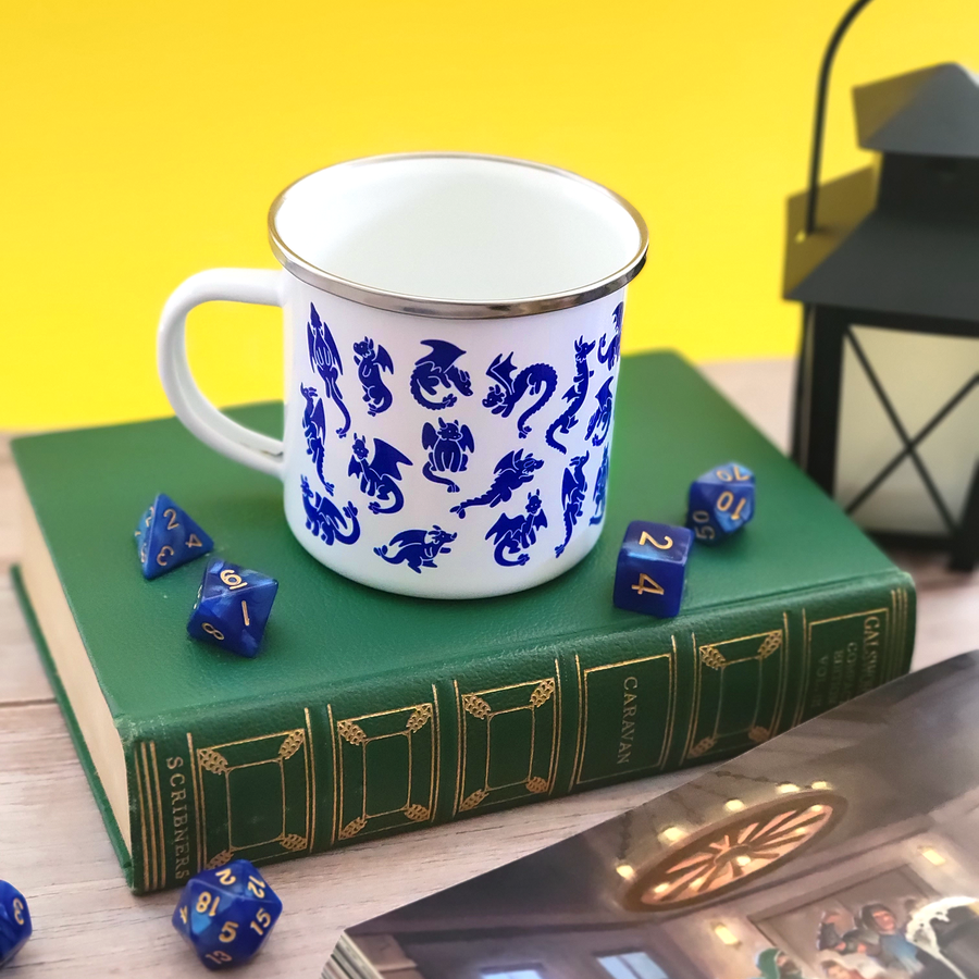 Blue Dragons Enamel Mug - Geeky merchandise for people who play D&D - Merch to wear and cute accessories and stationery Paola's Pixels