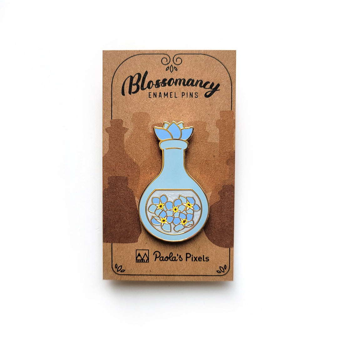 Seconds Sale! Blue Forget-Me-Not Potion Enamel Pin - Geeky merchandise for people who play D&D - Merch to wear and cute accessories and stationery Paola's Pixels