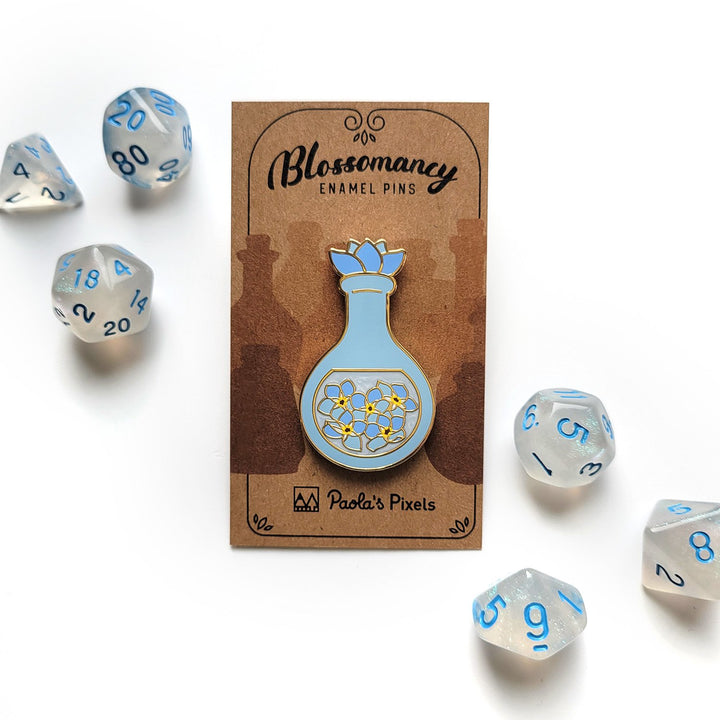 Seconds Sale! Blue Forget-Me-Not Potion Enamel Pin - Geeky merchandise for people who play D&D - Merch to wear and cute accessories and stationery Paola's Pixels