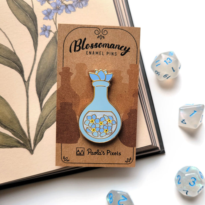 Seconds Sale! Blue Forget-Me-Not Potion Enamel Pin - Geeky merchandise for people who play D&D - Merch to wear and cute accessories and stationery Paola's Pixels