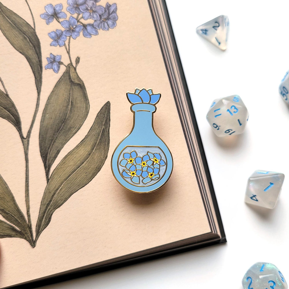 Seconds Sale! Blue Forget-Me-Not Potion Enamel Pin - Geeky merchandise for people who play D&D - Merch to wear and cute accessories and stationery Paola's Pixels