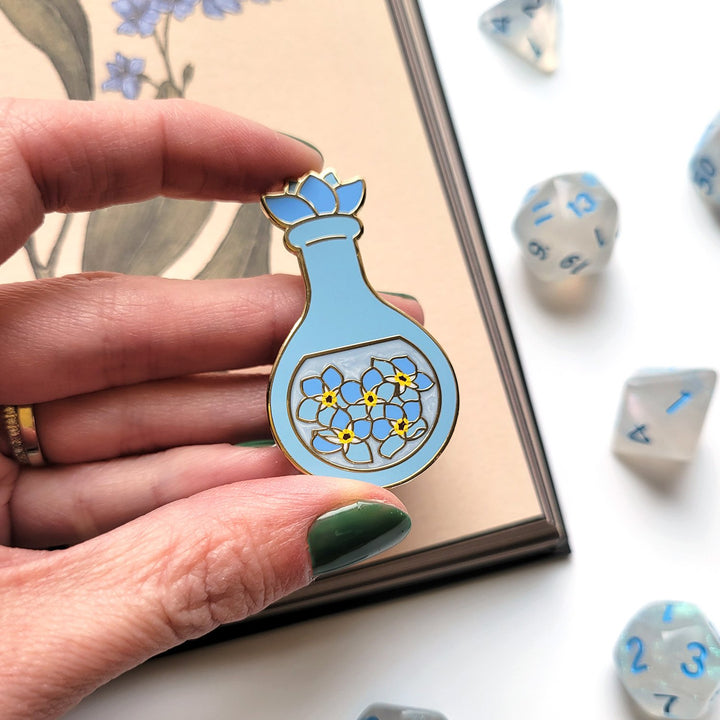Seconds Sale! Blue Forget-Me-Not Potion Enamel Pin - Geeky merchandise for people who play D&D - Merch to wear and cute accessories and stationery Paola's Pixels