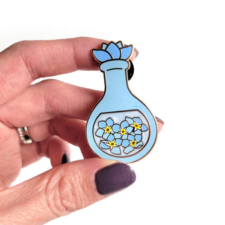 Seconds Sale! Blue Forget-Me-Not Potion Enamel Pin - Geeky merchandise for people who play D&D - Merch to wear and cute accessories and stationery Paola's Pixels