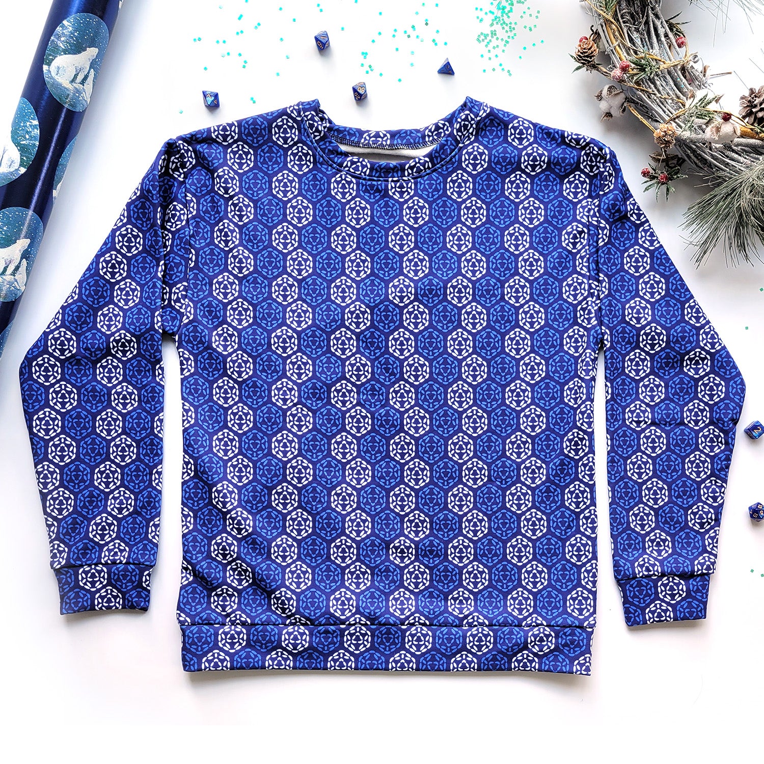 Blue D20 Holiday Sweatshirt - Geeky merchandise for people who play D&D - Merch to wear and cute accessories and stationery Paola's Pixels