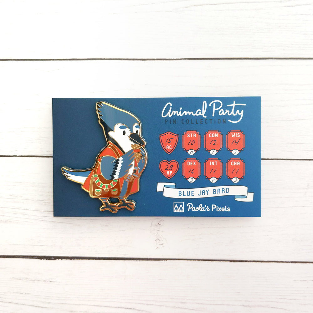 Blue Jay Bard Enamel Pin - Geeky merchandise for people who play D&D - Merch to wear and cute accessories and stationery Paola's Pixels