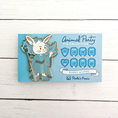 Bunny Wizard Enamel Pin with Glitter - Geeky merchandise for people who play D&D - Merch to wear and cute accessories and stationery Paola's Pixels