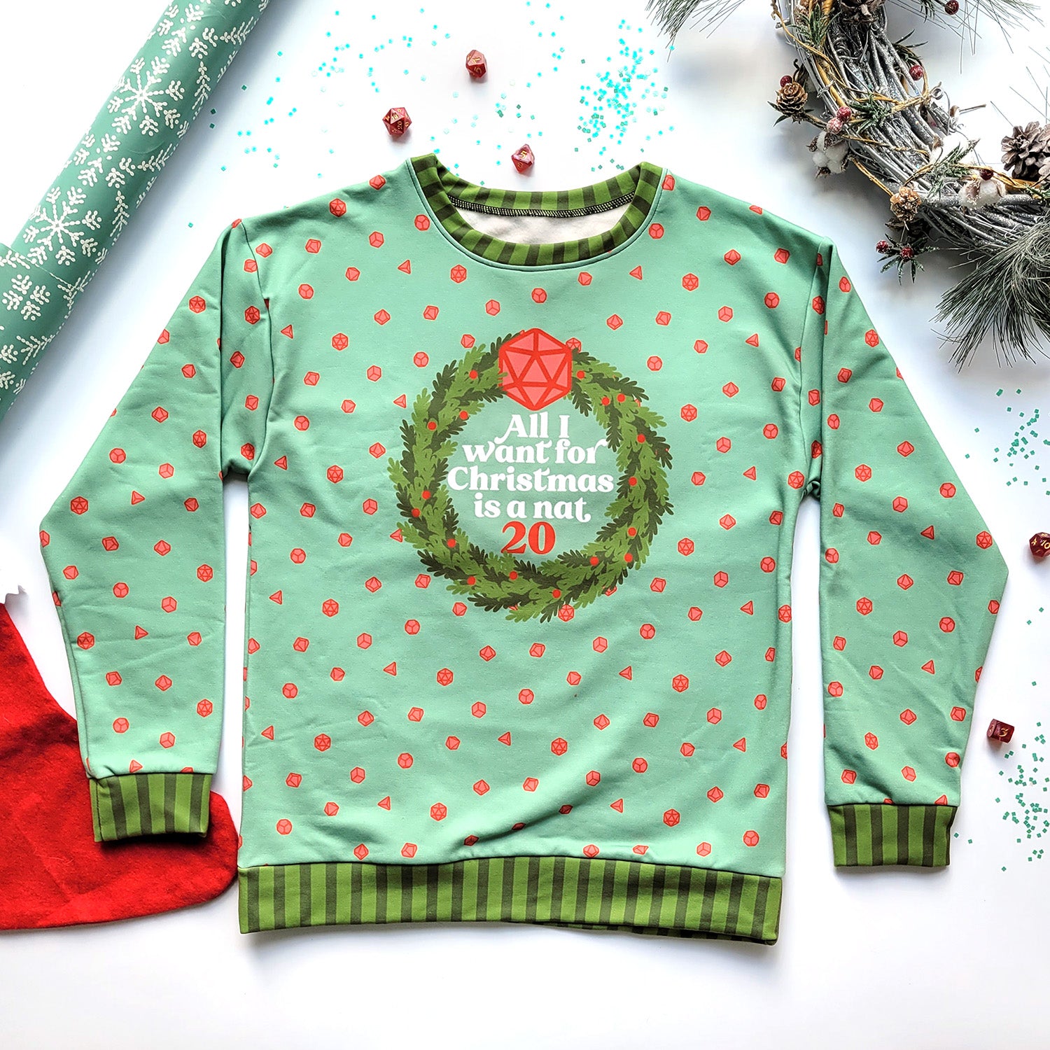 All I Want For Christmas is a Nat 20 Sweatshirt - Geeky merchandise for people who play D&D - Merch to wear and cute accessories and stationery Paola's Pixels