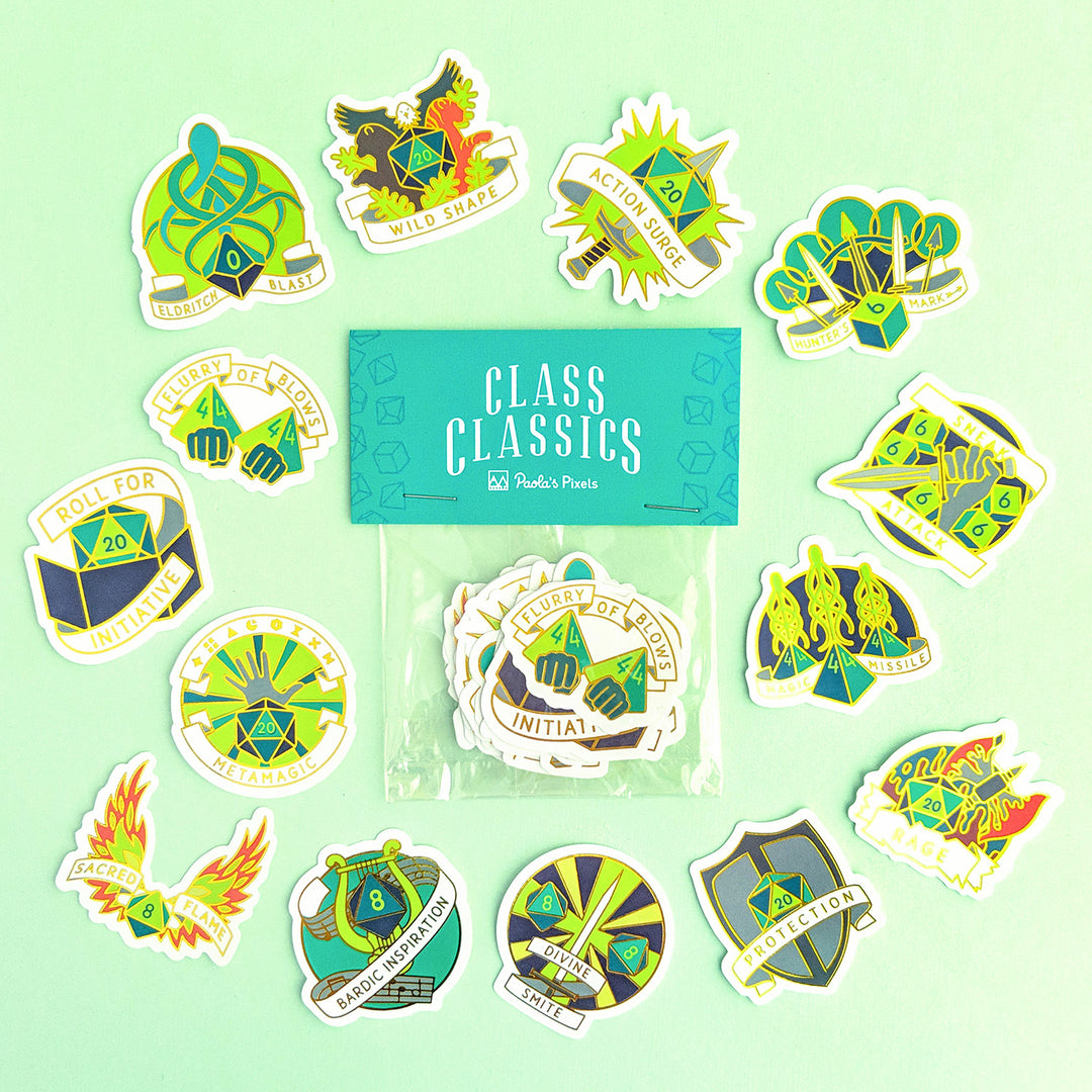 Class Classics Sticker Pack - Geeky merchandise for people who play D&D - Merch to wear and cute accessories and stationery Paola's Pixels