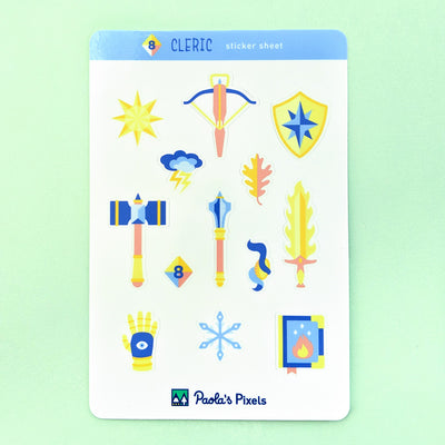Cleric Sticker Sheet - Geeky merchandise for people who play D&D - Merch to wear and cute accessories and stationery Paola's Pixels