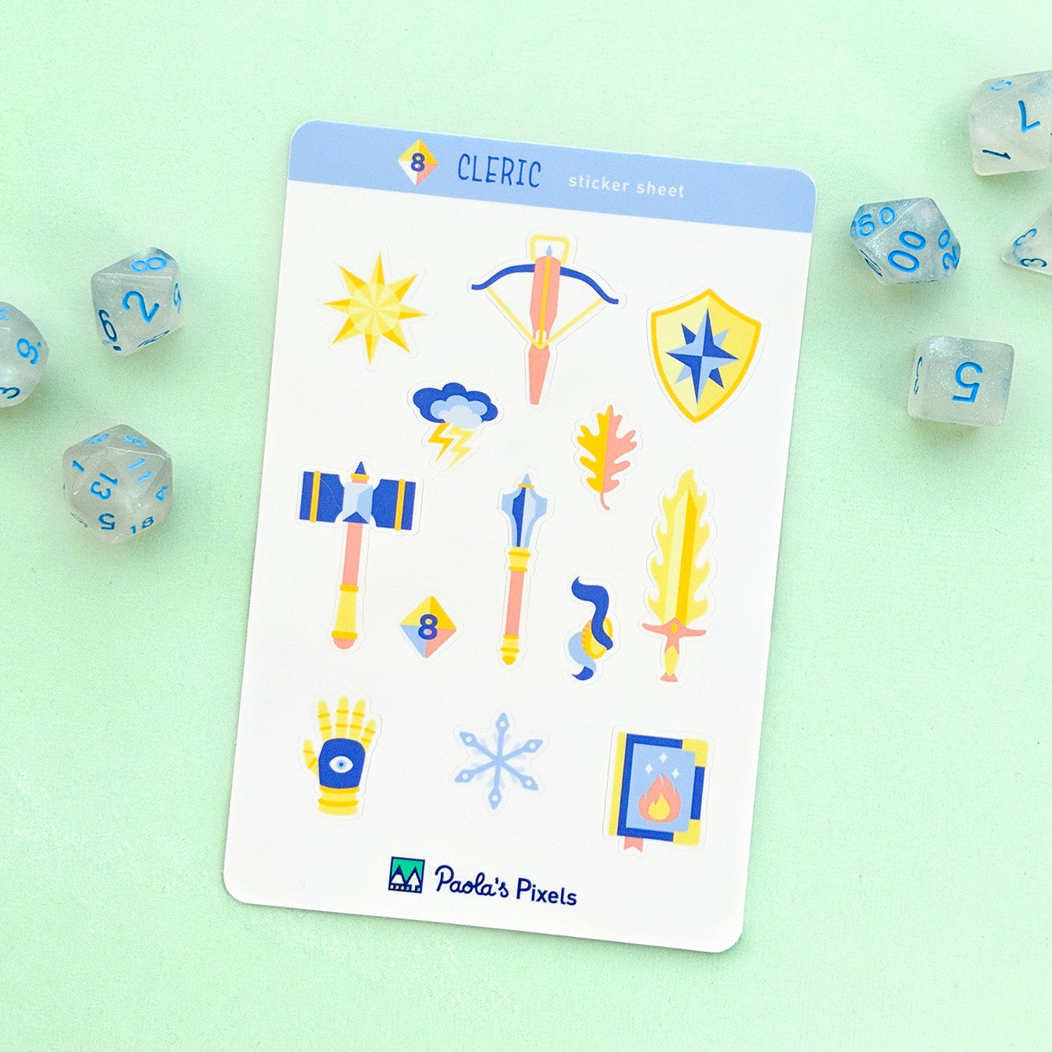 Cleric Sticker Sheet - Geeky merchandise for people who play D&D - Merch to wear and cute accessories and stationery Paola's Pixels