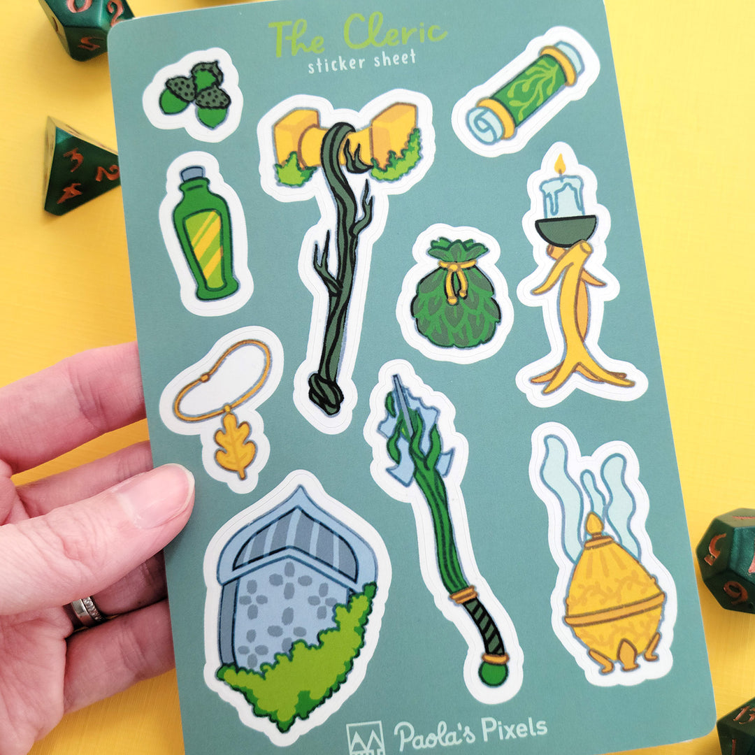 The Cleric Sticker Sheet - Geeky merchandise for people who play D&D - Merch to wear and cute accessories and stationery Paola's Pixels