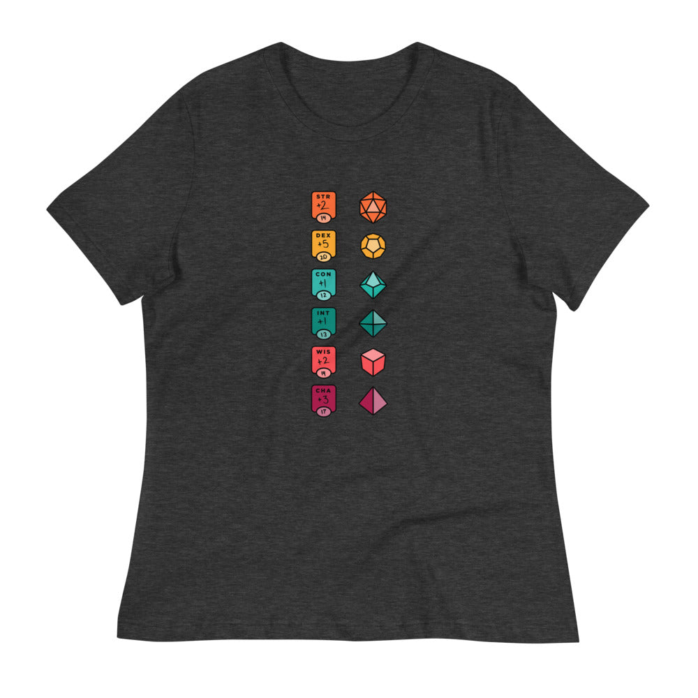 Colorful Character Sheet Women's Shirt - Geeky merchandise for people who play D&D - Merch to wear and cute accessories and stationery Paola's Pixels