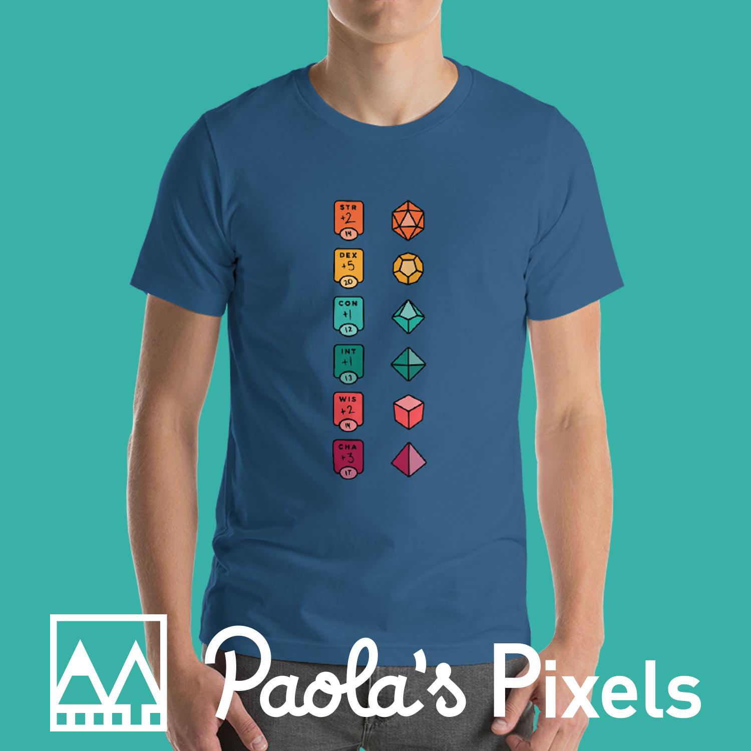 Colorful Character Sheet shirt - Geeky merchandise for people who play D&D - Merch to wear and cute accessories and stationery Paola's Pixels