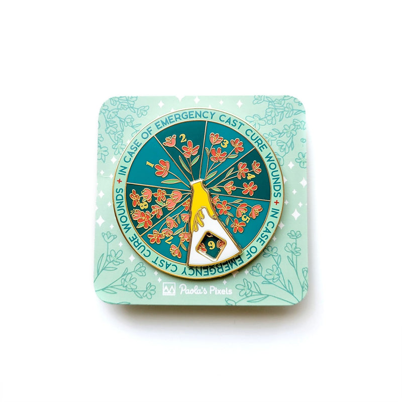 Seconds Sale! Cure Wounds Spinner Pin - Geeky merchandise for people who play D&D - Merch to wear and cute accessories and stationery Paola&