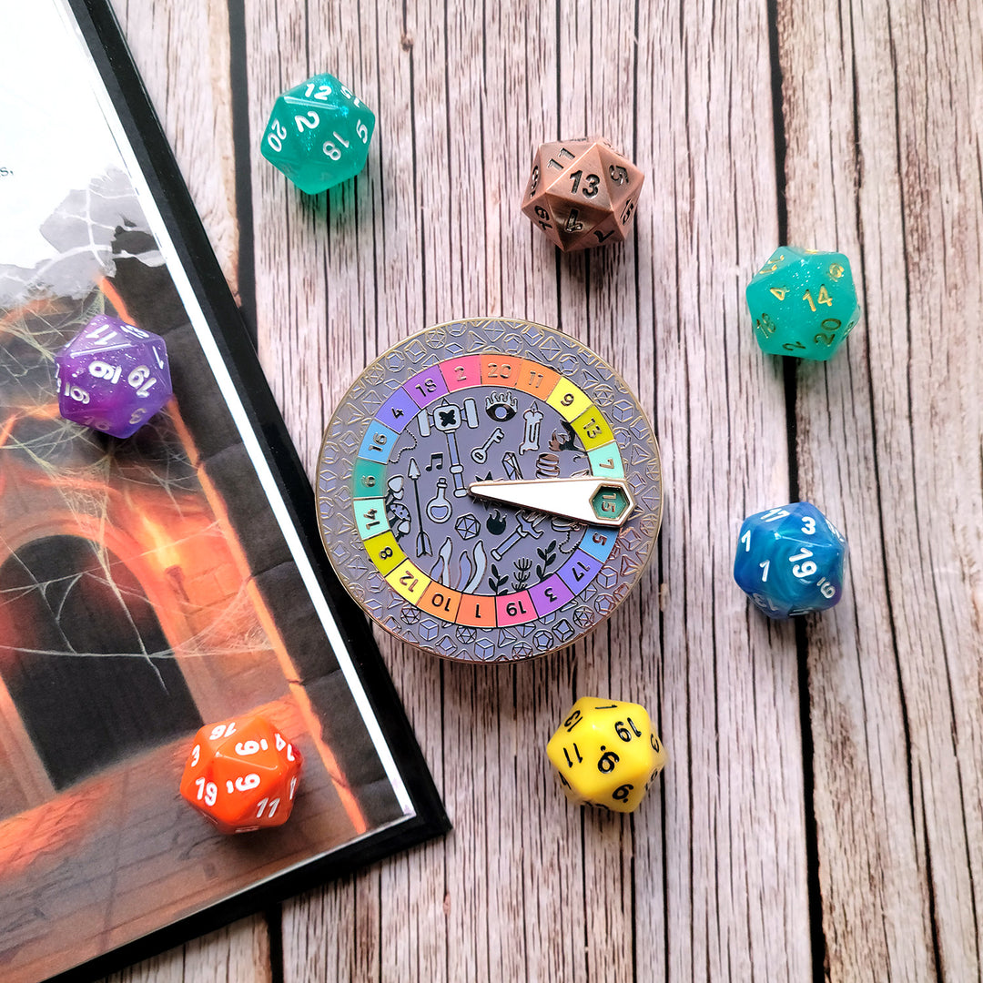 d20 Spinner Enamel Pin - Geeky merchandise for people who play D&D - Merch to wear and cute accessories and stationery Paola's Pixels