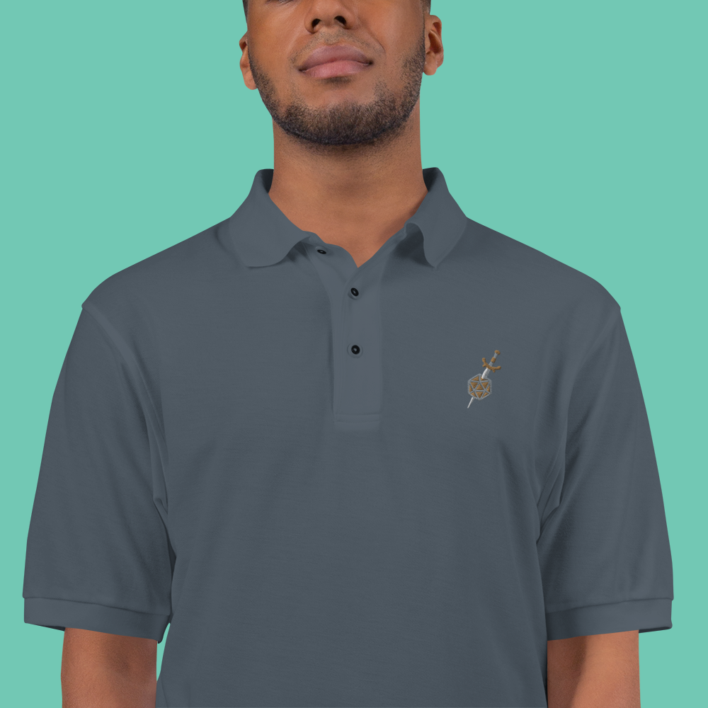 Dagger and d20 Embroidered Polo Shirt - Geeky merchandise for people who play D&D - Merch to wear and cute accessories and stationery Paola's Pixels