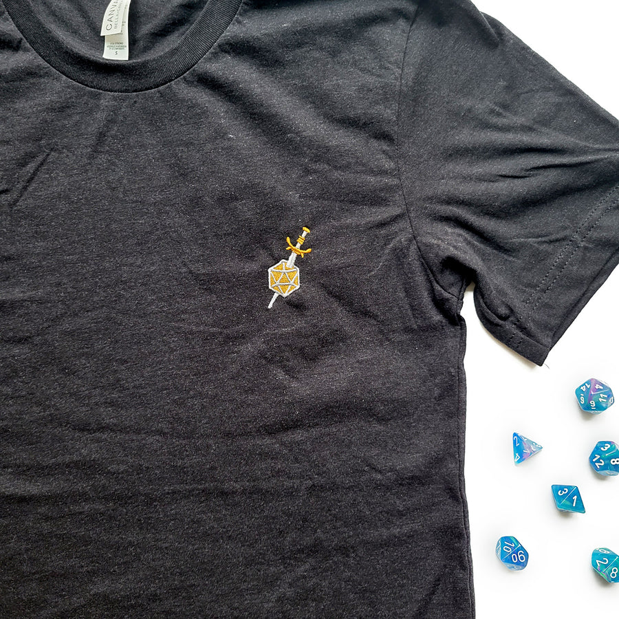 Dagger and d20 Embroidered Unisex Shirt - Geeky merchandise for people who play D&D - Merch to wear and cute accessories and stationery Paola's Pixels