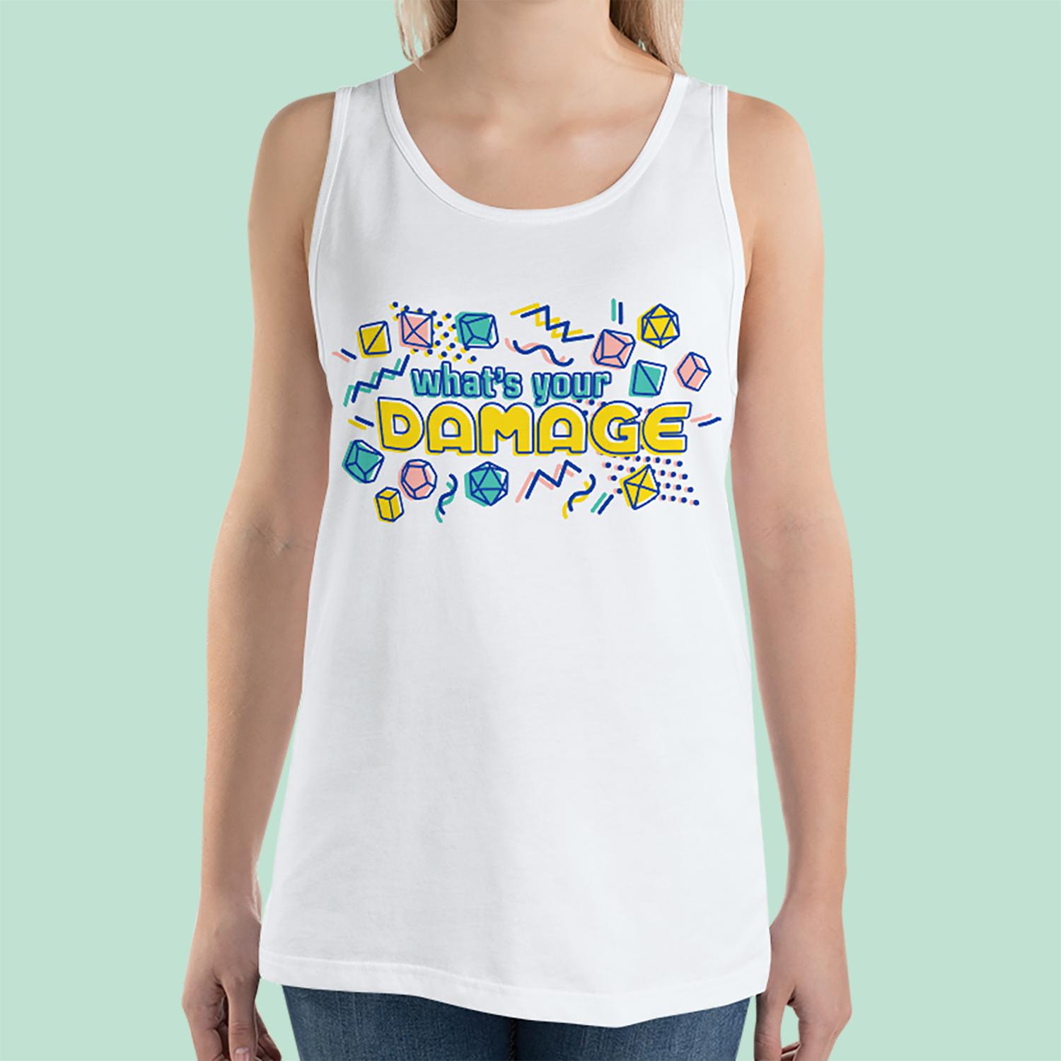 What's Your Damage Tank Top - Geeky merchandise for people who play D&D - Merch to wear and cute accessories and stationery Paola's Pixels