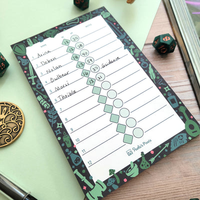 Dungeon Academia Initiative Pad - Geeky merchandise for people who play D&D - Merch to wear and cute accessories and stationery Paola's Pixels