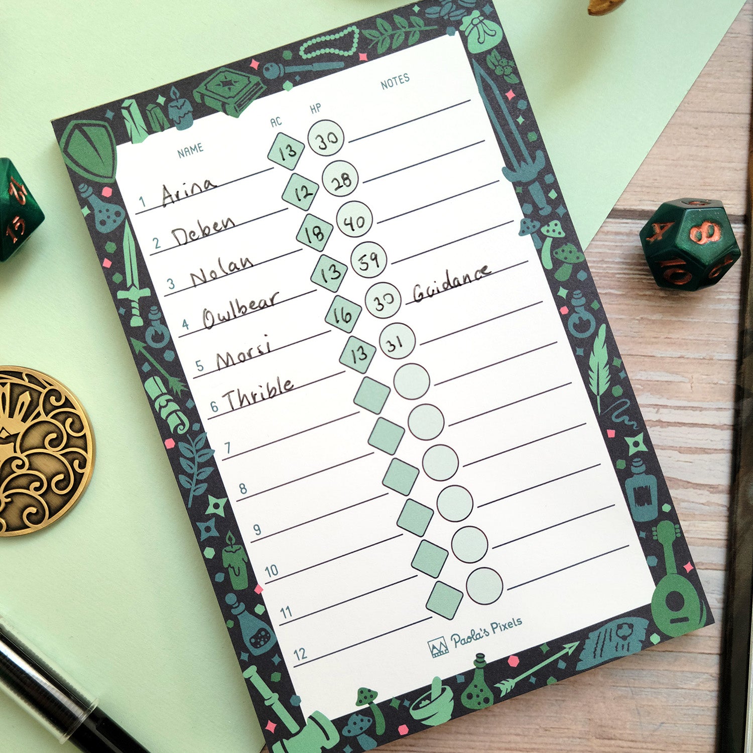 Dungeon Academia Initiative Pad - Geeky merchandise for people who play D&D - Merch to wear and cute accessories and stationery Paola's Pixels