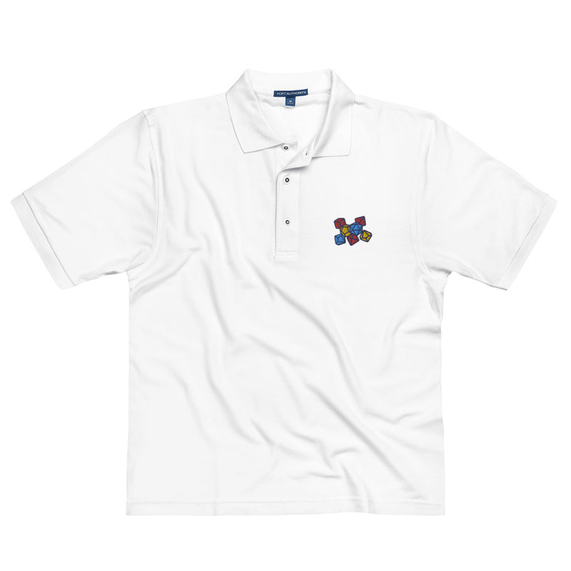Primary Color Dice Embroidered Polo Shirt - Geeky merchandise for people who play D&D - Merch to wear and cute accessories and stationery Paola&