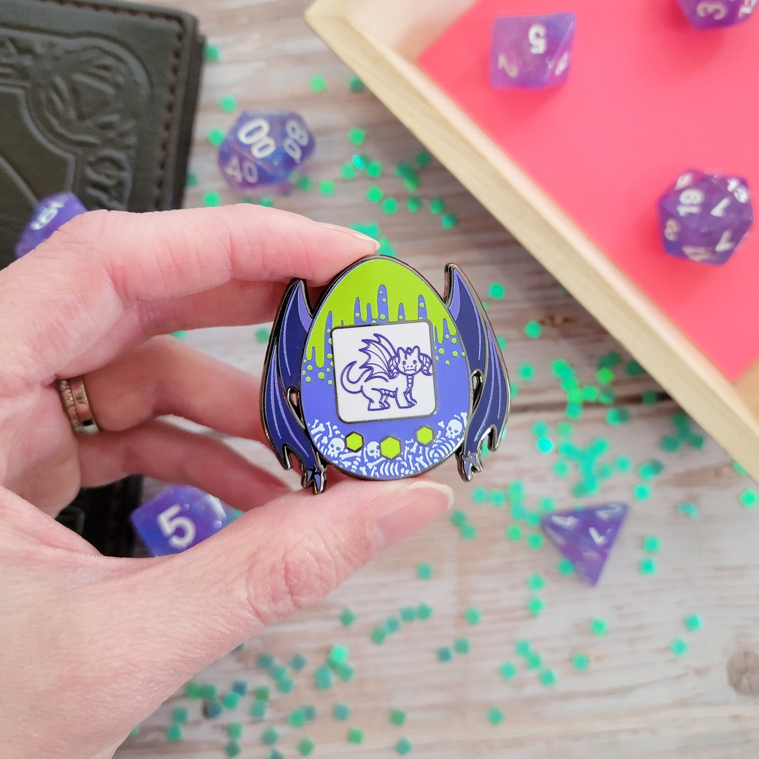 Dragon Tamagotchi Pin - Geeky merchandise for people who play D&D - Merch to wear and cute accessories and stationery Paola's Pixels