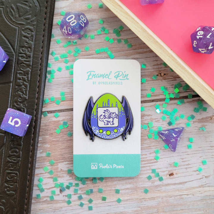 Dragon Tamagotchi Pin - Geeky merchandise for people who play D&D - Merch to wear and cute accessories and stationery Paola's Pixels