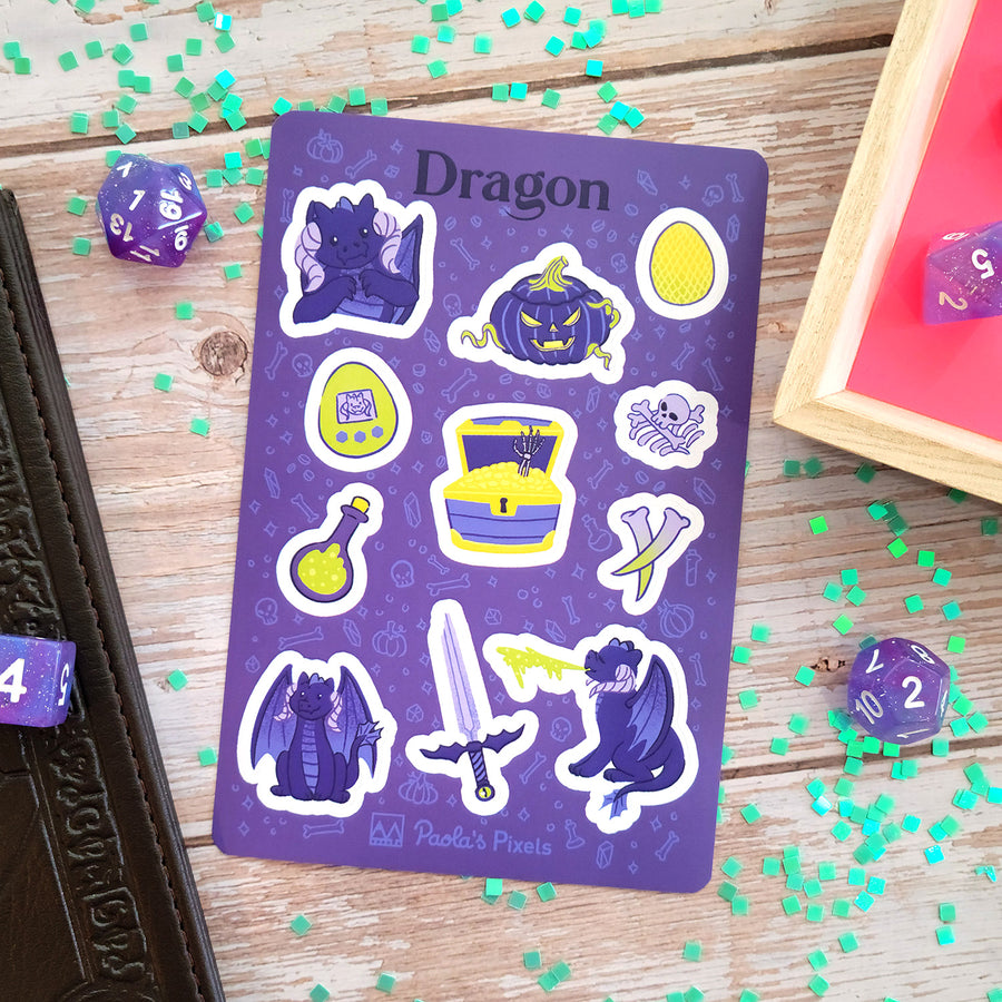 Dragon Sticker Sheet - Geeky merchandise for people who play D&D - Merch to wear and cute accessories and stationery Paola's Pixels
